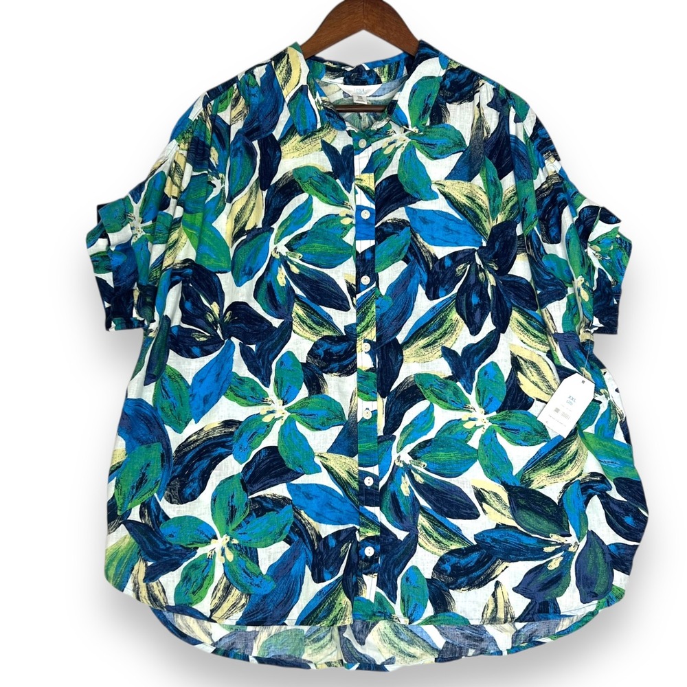 NWT Time and Tru‎ Floral Linen Blouse Green Island Button Up Roll Cuff Plus XXL